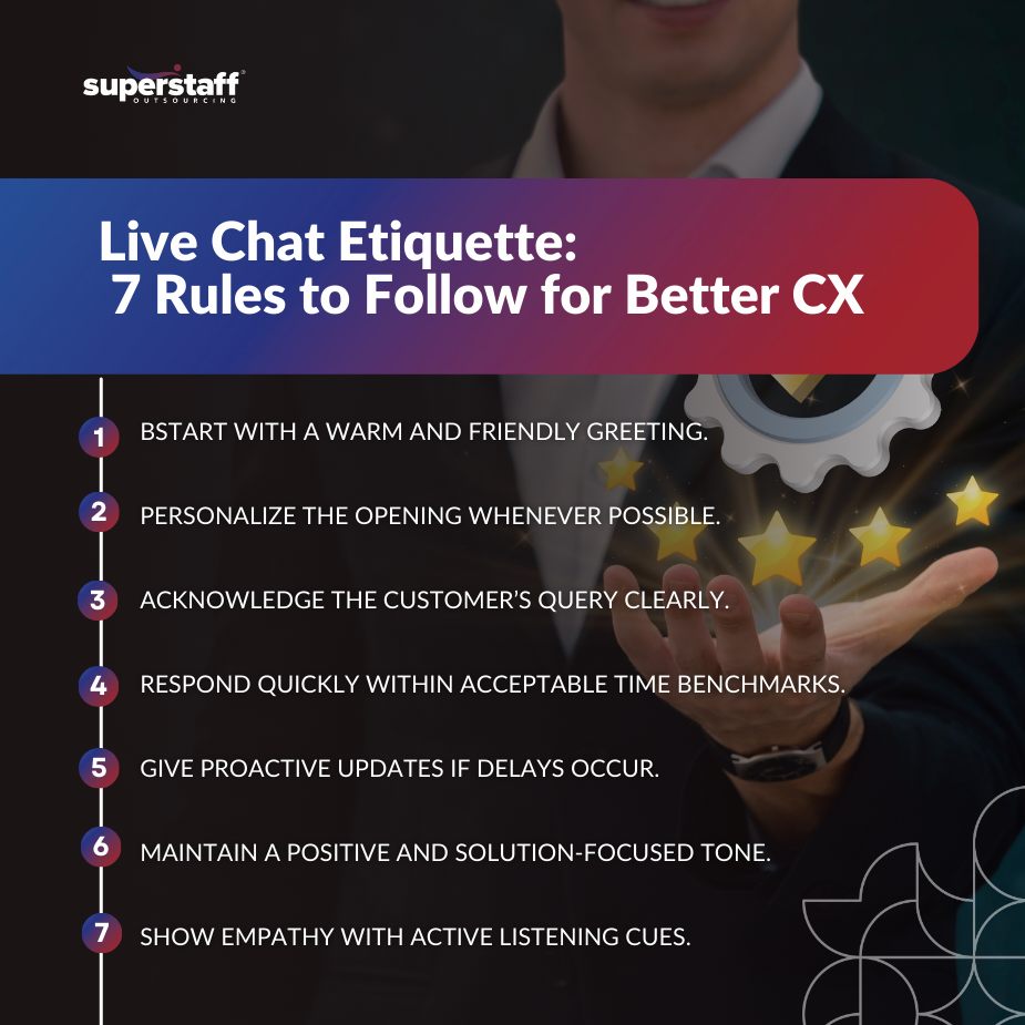 Customer service professional with five-star rating demonstrating live chat etiquette best practices