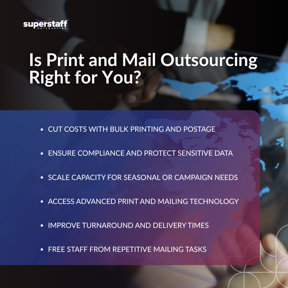 Hand pointing at BPO solution icons, highlighting print and mail outsourcing services.
