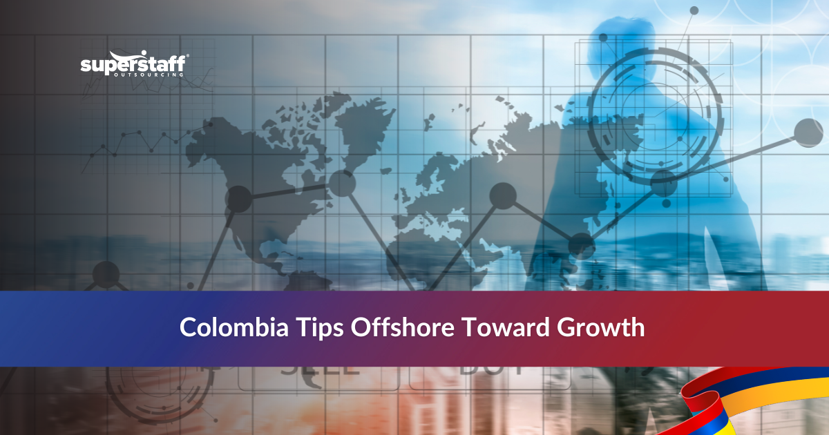 Global connectivity map highlighting Colombia as a hub for offshoring advantages.